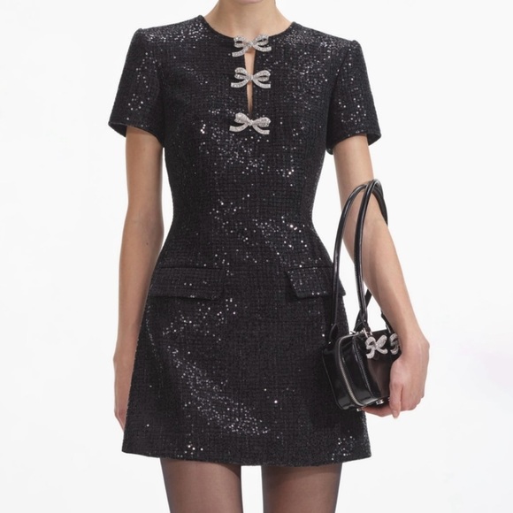 Self Portrait Sequin Black Dress with Bow Accents - Picture 1 of 7